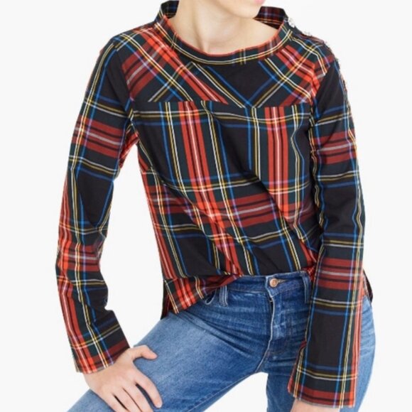 Nwt J Crew Funnelneck shirt in Stewart tartan plaid with jeweled buttons - Picture 6 of 8